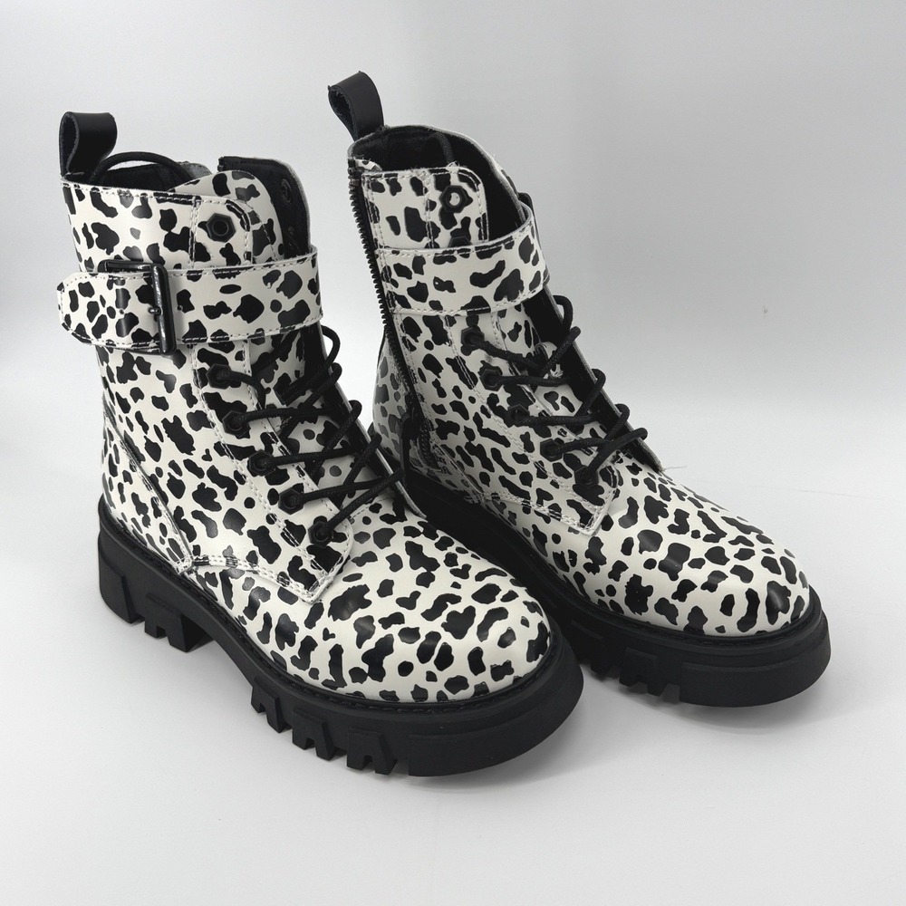 Levis Womens Giselle- Leopard Print Combat Lace Up Boots Shoes Black Cream NEW - Picture 13 of 16